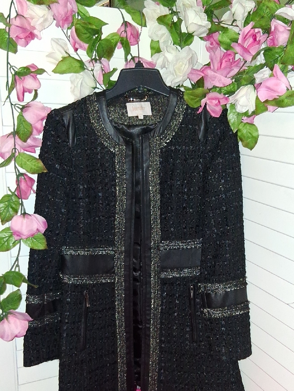Laundry By Shelli Segal Black Bouclé Coat with Metallic Trim